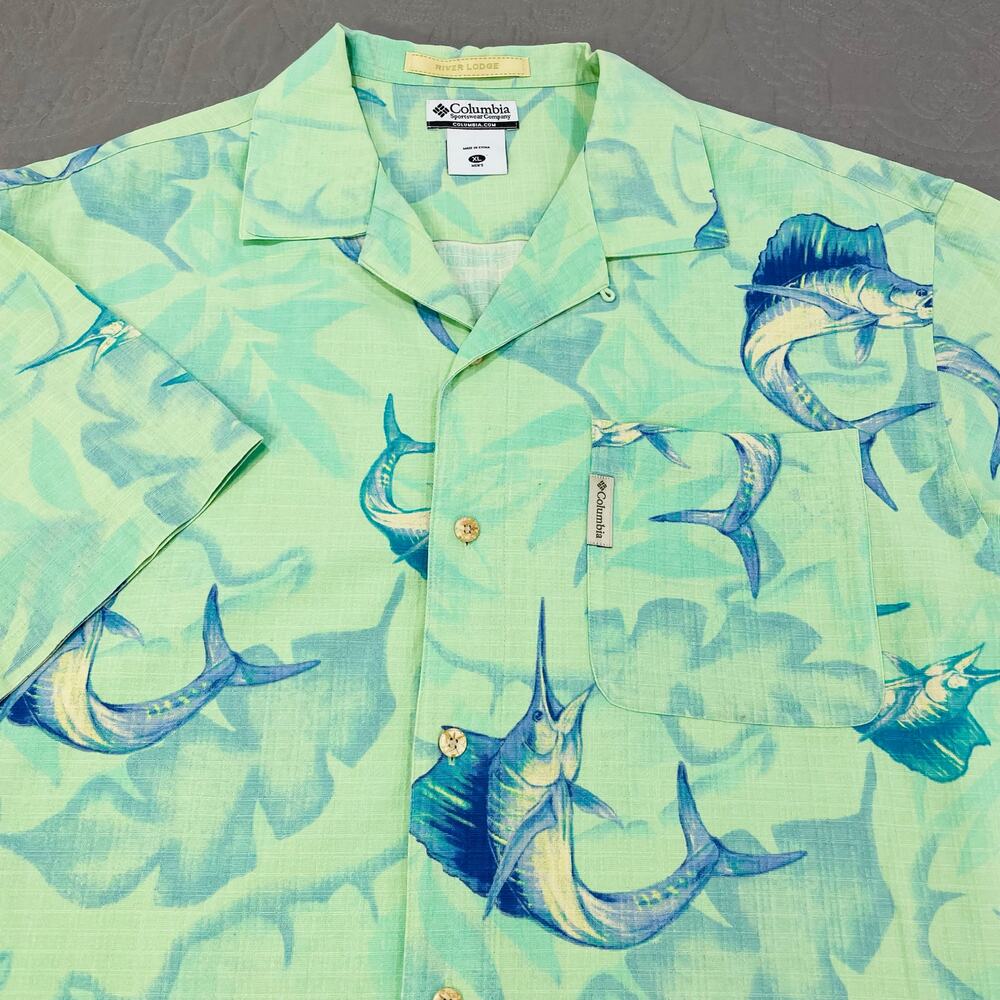 Columbia Shirt Mens X Large Blue Green Marlin River Lodge Florida Hawaiian Silk